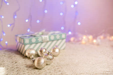 Blu gift box filled with Christmas toys. Christmas creative minimal conceptの写真素材