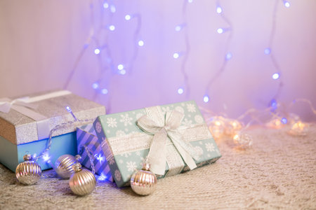 Blu gift box filled with Christmas toys. Christmas creative minimal conceptの写真素材