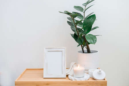 Portrait picture frame mockup on wooden table. Zamiokulkas and succulents in pots. Scandinavianの写真素材