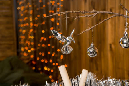 Christmas living room interior designtree decorated lights garland lighting holiday., dinner set table glasses decorの写真素材