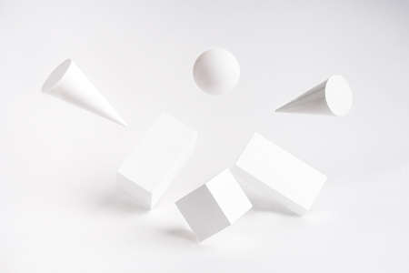 Blank and empty platform. White podium for presentation. Light exhibition stand with minimal white...