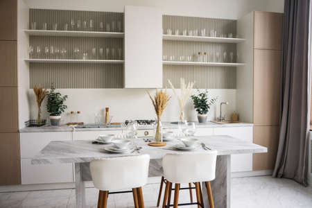 Beautiful kitchen interior with new stylish furnitureの写真素材