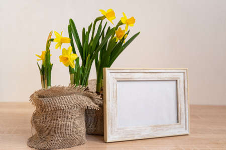 Portrait picture frame mockup with yellow daffodils in natural decorated pots.Ecofriendly life
