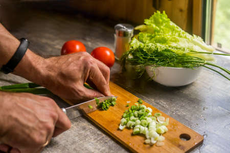 Healthy Lifestyle. Man Cooking Green Salad Of Romaine Lettuce. Healthy Food conceptの写真素材