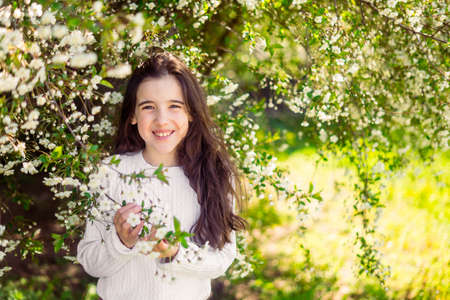 beautiful girl in a pink jumper holds a branch of a blossoming white apple tree