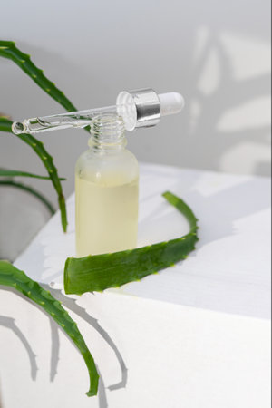 Bottle of natural serum with coconut and aloe leaves on white backgroundの写真素材