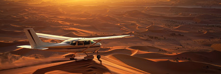 Small white airplane flies over Sahara Desert landscape with sand dunes and clear blue sky. Person stands on ground wearing red jacket holding camera. Perfect for travel agency and tour photos.の素材