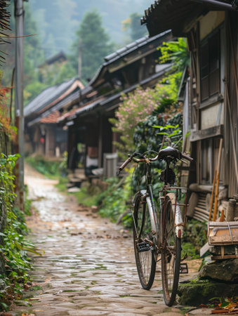 Rural village scene with bicycle parked near wooden house with thatched roof. Rich plants surrounds peaceful setting perfect for travel agency and tours.の素材