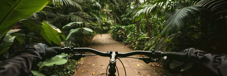 Cyclist rides through lush tropical forest with palm trees and exotic plants. POV view from bicycle shows winding path and green foliage in background. Perfect for travel agency and tours.の素材