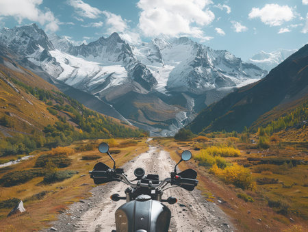 Breathtaking mountain range with snow-capped peaks, green vegetation contrasts against clear blue sky with fluffy white clouds. Black motorcycle parked on dirt road, perfect for travel agency, tours.の素材