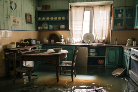 Flooded kitchen interior scene with water ankle-deep on floor. Wooden table, sink area filled with overflowing water. Oven, stove in right corner. Window lets natural enter. Green walls provideの素材