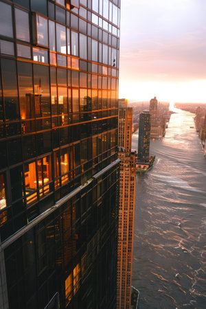 New York City skyline at sunset from vantage point. Iconic glass buildings reflect warm hues of setting sun. River flows through city heart, adding dynamic element to scene. Orange, pink sky createsの素材