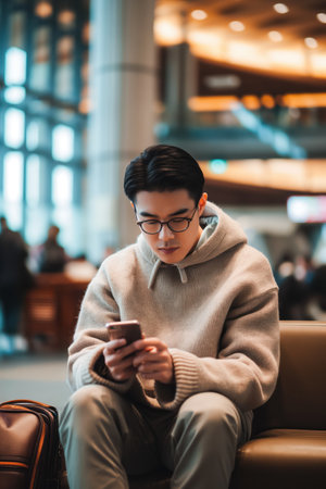 Young Asian man sits on brown leather couch in airport lounge, engrossed in phone use, surrounded by modern comforts, with expansive tarmac view behind.の素材