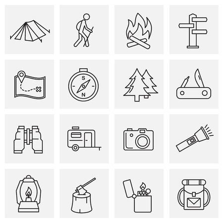 Camping icons set on background for graphic and web design. Creative illustration concept symbol for web or mobile app.のイラスト素材