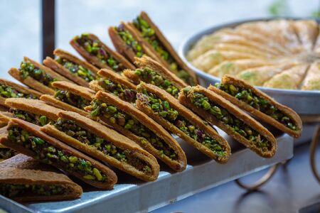 Turkish national sweets at the street shop. Baklava and delights Turkish cusine