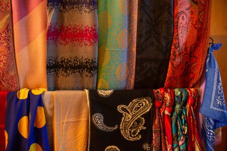Traditional oriental cloth scarf sold in a store in old town Sheki, Azerbaijan.