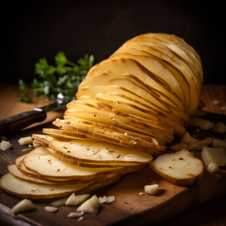 Close-up of potato slicing.の素材