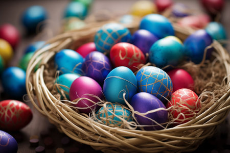 Happy Easter! Close up of colorful Easter eggs in a basketの素材