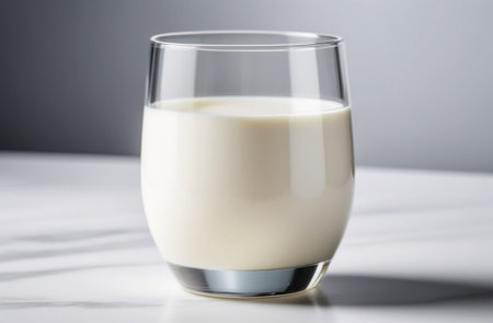 Glass of milk on the kitchen table. breakfast conceptの素材