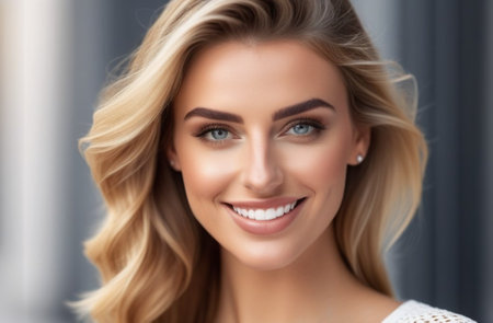 Closeup portrait of beautiful young woman looking at camera. blurred backgroundの素材
