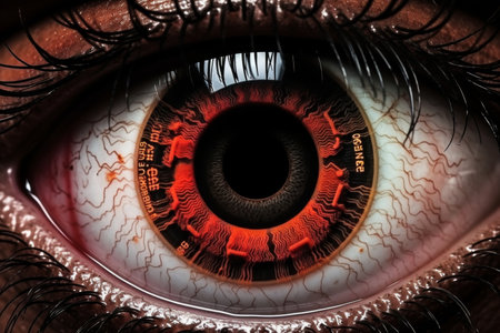 Close up cropped view of eye of woman with rainbow pupil,の素材