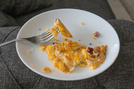 Egg Omelette with ham on the White Plate and fork