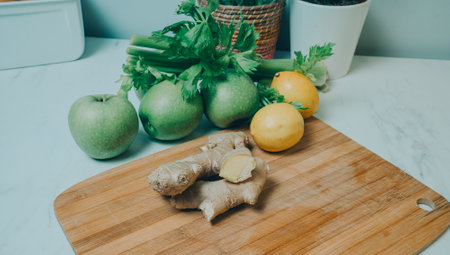 Ginger on the wooden kitchen board with vegetables. detox concept. healthy food conceptの写真素材