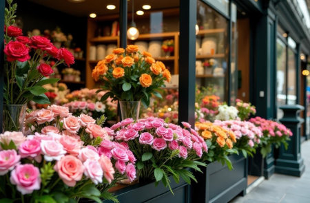 modern flower shop with tulips, roses and pions in identical vases in showcaseの素材
