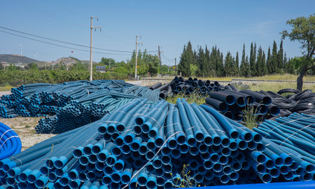 Blue PVC pipes, plastic pipes for water supply.
