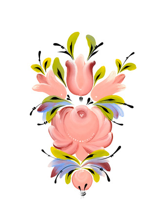 Vector. Russian traditional floral ornament. Pink rose, tulip, branch,foliage on white backgrouelian folk motif.Hand. Harnd drawing gouacheのイラスト素材