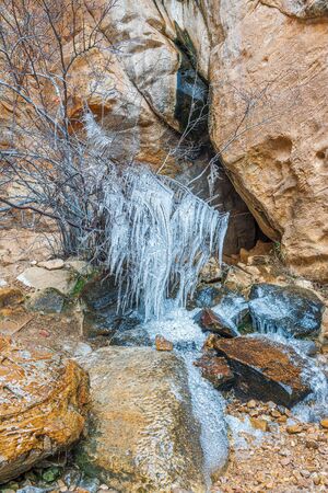 Frozen Lost Creek Canyon Waterfall. Red Rock Canyon National Conservation Area. Nevada. USA の写真素材