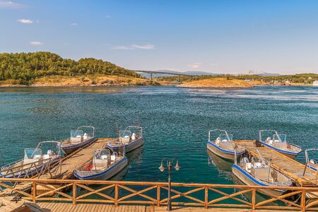 View of Saltstraumen Bridge across Skjerstad Fjord near Bodo. Norwayの写真素材