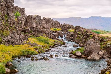 Small waterfall on Oxara river. Thingvellir National Park. Southern region. Icelandの写真素材
