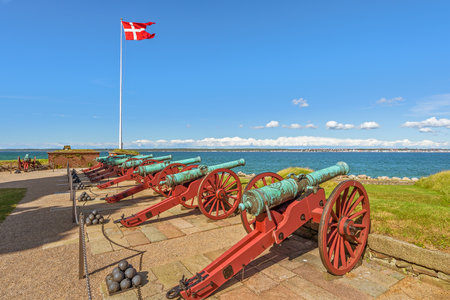 Old cannons in Kronborg Castle. Helsingor. Denmark. This castle is known as Elsinore in William...