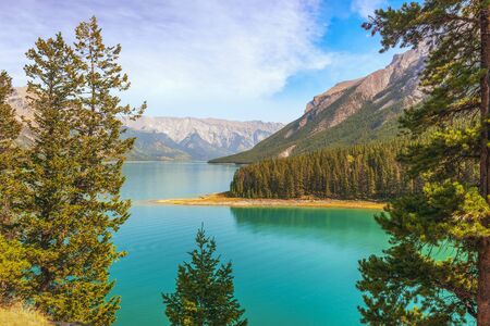 View of glacial lake Minnewanka in Banff National Park. Alberta. Canadaの写真素材
