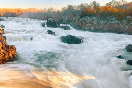View of the Great Falls of the Potomac River at a foggy winter sunrise. Great Falls National Park. Virginia. USAの写真素材