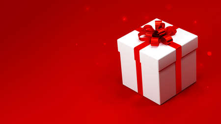 Gift box with ribbon bow on color red background. 3d illustration.の写真素材