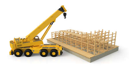 Crane builds a wooden house on a white background. 3d rendering.の写真素材
