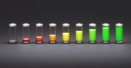 Batteries with a charge level on a dark background. 3d rendering