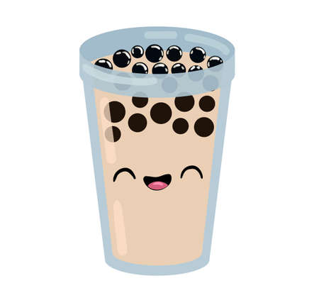 Bubble milk tea with tapioca. Pearl milk tea, black delicious pearls is Taiwanese famous. Popular drink. Vector illustration sketch. Character Cartoon. Cute Sticker. Kawaii cartoon Emoji.の写真素材