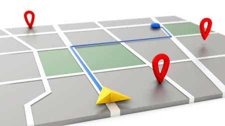 Minimal style GPS map navigator. tracking concept. Arrow and markers on a map. 3D rendering