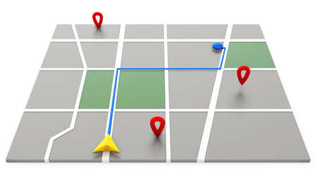 Minimal style GPS map navigator. tracking concept. Arrow and markers on a map. 3D rendering