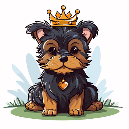 Cute cartoon Yorkshire Terrier puppy with crown. Vector illustration.のイラスト素材