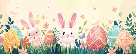 Easter background with bunny, eggs and flowers. Vector illustration.のイラスト素材