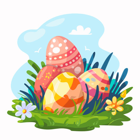 Colorful Easter eggs in the grass. Vector illustration in cartoon style.のイラスト素材