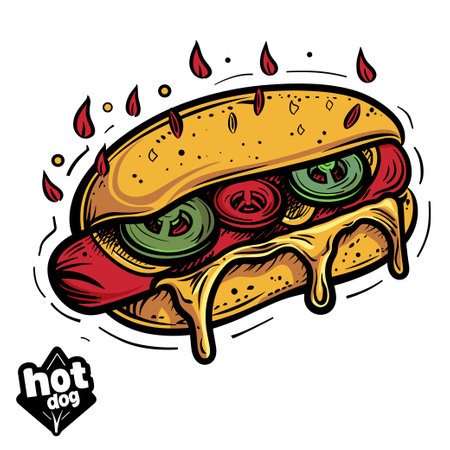 Hot dog. Vector illustration of fast food. Hand drawn hot dog.のイラスト素材