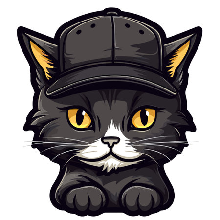 Cute black cat in a cap. Vector illustration on white background.のイラスト素材