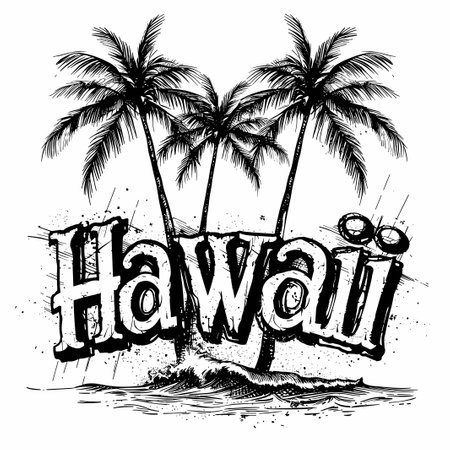 Hawaii lettering with palm trees on the beach. Vector illustrationのイラスト素材