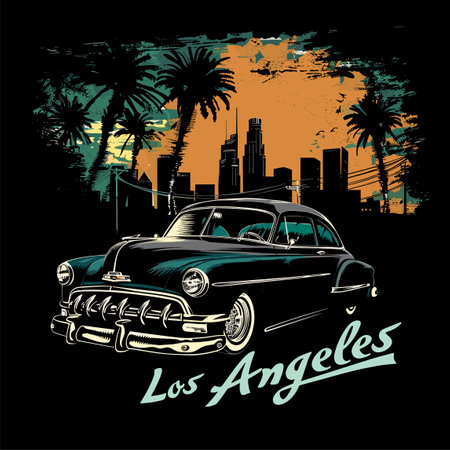 Vintage car and palm trees on the background of the city. Vector illustrationのイラスト素材