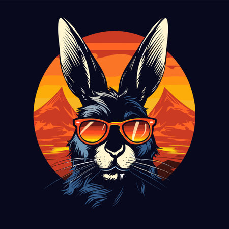 Rabbit with sunglasses on the background of the sunset. Vector illustration.のイラスト素材